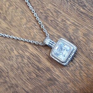 Vintage Clear Crystal Stone Square Pendant Silver Tone Necklace